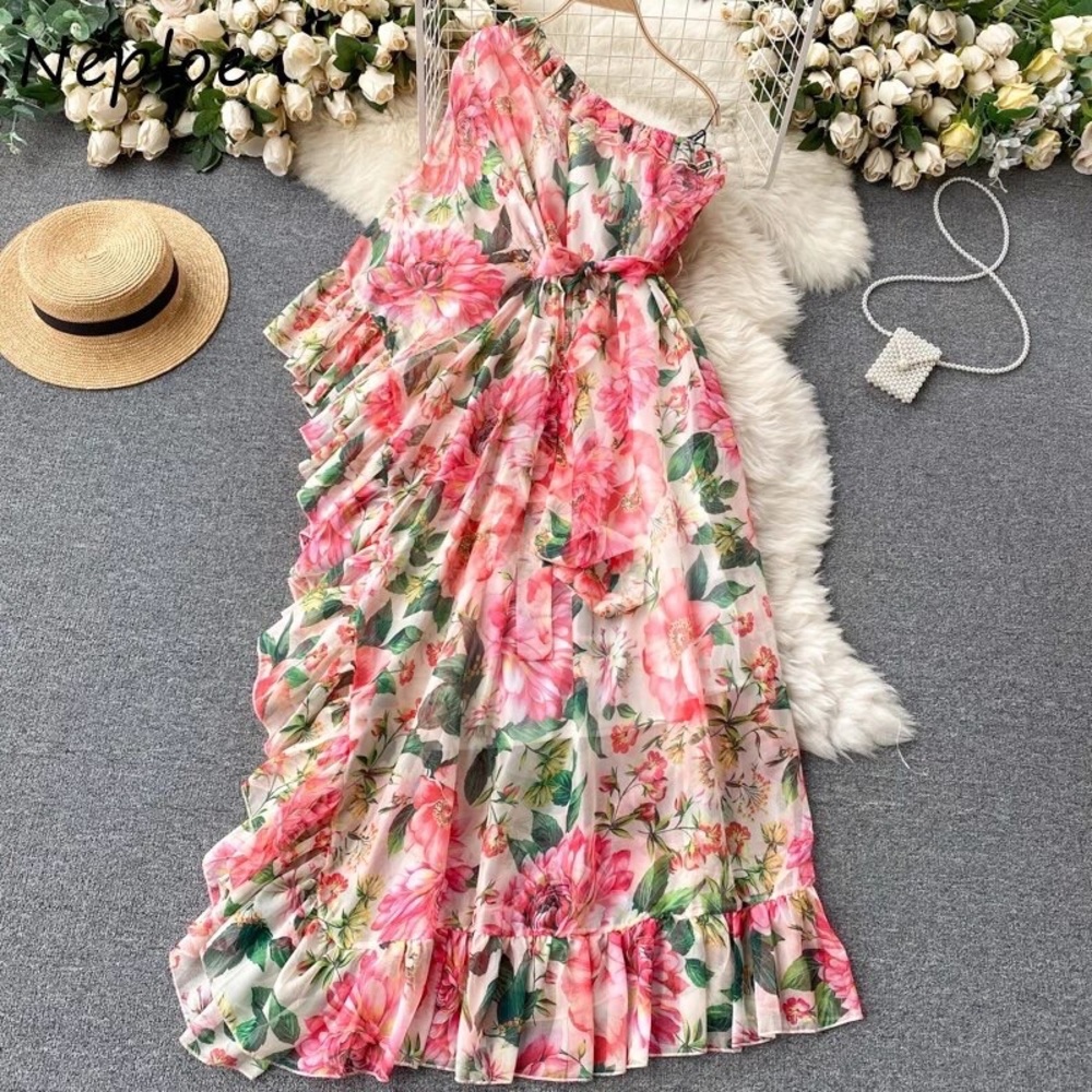 Floral High Waist One Shoulder Dress
